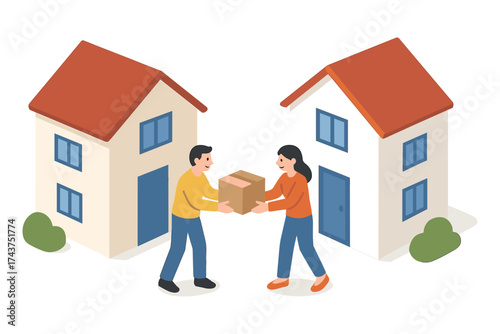 Neighbors exchanging package in isometric style with two houses and greenery