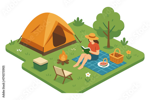 Isometric camping scene with woman reading near tent and campfire