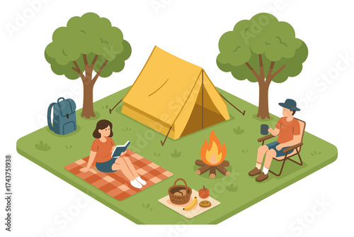 Isometric camping scene with tent, campfire, and nature elements