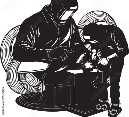 Two welders wearing protective gear and helmets diligently working on metal fabrication in a workshop environment
