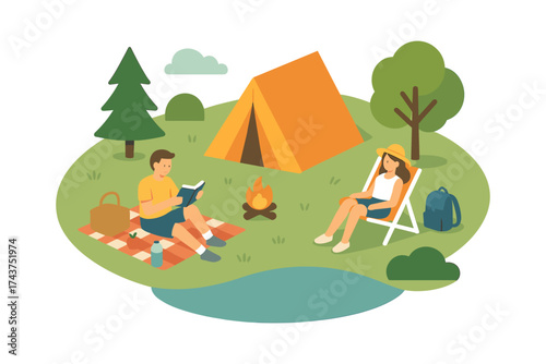 Flat design summer camping scene with tent and campfire by the lake