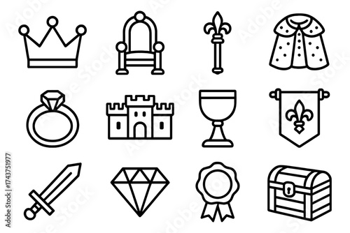 Royal icons collection: crown, throne, castle, and more in linear style