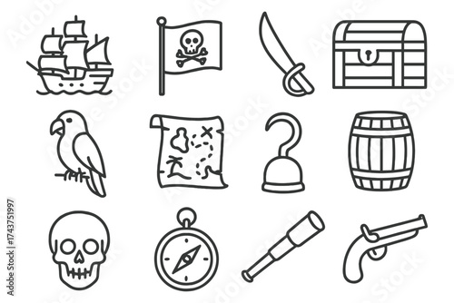 Pirate icon set: nautical symbols in linear style for adventure themes