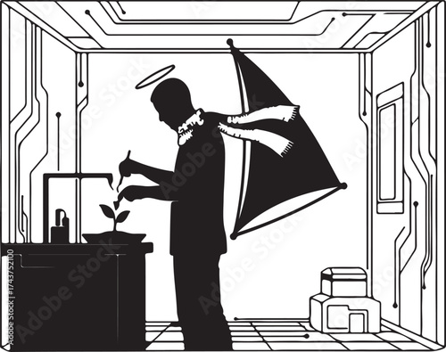 Silhouette of a figure with a halo and flag tending to a small plant in a futuristic room with glowing lines