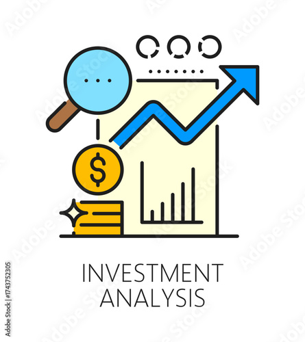 Investment analysis, business color line icon or sign. Investment revenue analysis vector icon or pictogram. Business company income growth symbol with statistic infographics, coins, magnifying glass