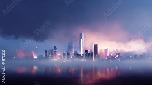 Abstract skyline at night with lights reflected in water. Modern cityscape obscured by fog. Great for future, technology, progress, and ambition themes.