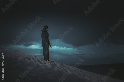 Lone fantasy figure of a mysterious woman in a dark, flowing robe standing on a vast desert dune under a dramatic, stormy night sky.