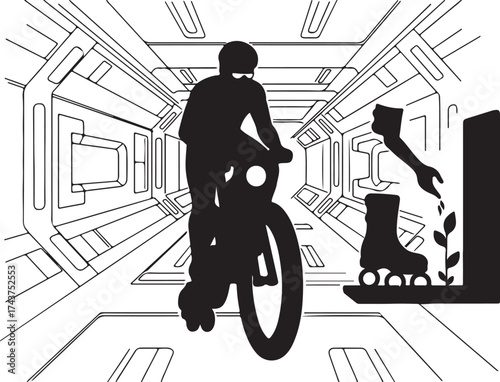 Silhouette of a person riding a bicycle down a futuristic sci fi corridor with a roller skate and plant on the side