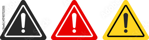 Red warning icon set. Exclamation mark icon. warning triangle with exclamation symbol. Caution, alert, Danger sign