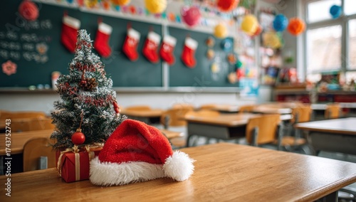Festive classroom scene Christmas decorations on a desk, stockings, tree, and colorful balloons