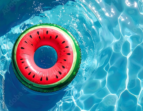 Bright watermelon floaty in a sparkling blue pool