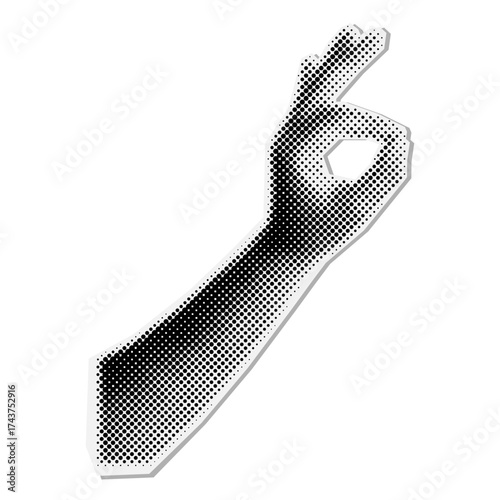 Man's hand holding something with two fingers. Halftone comic collage, "OK" gestur. Retro pop art sticker for banner, flyer, presentation isolated on white background. EPS10 vector illustration. 