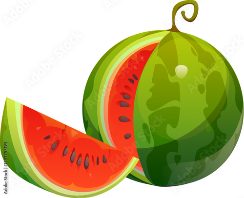 Cartoon ripe raw whole watermelon and a juicy slice, showing bright red flesh with black seeds and a glossy green rind. Isolated vector healthy summer food, refreshing dessert, garden plant and piece
