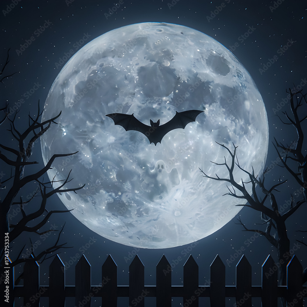 Fototapeta premium Halloween Full Moon with Flying Bat and Spooky Trees