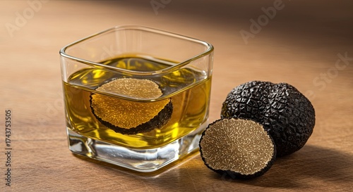 Luxury culinary delight: Close-up of black truffle in olive oil on wooden background