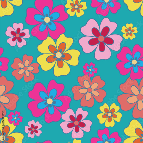 Retro 70s flower garden floral seamless pattern background