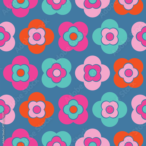 Vibrant 70s retro flowers geometric boho seamless pattern