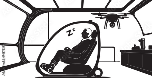 Futuristic automated drone monitors a businessman sleeping peacefully in a high tech personal pod chair inside a modern office