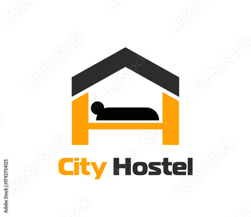 Hostel hotel icon, vector emblem with sleeping person on bed inside of house shape. Minimal label for hospitality, accommodation, tourism or travel service in black and yellow color palette