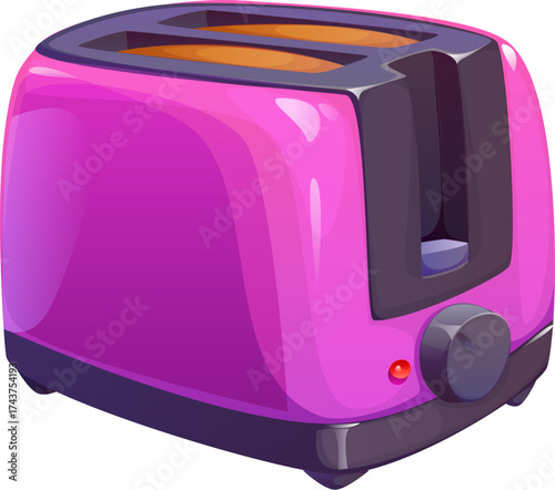 Bright pink cartoon toaster, kitchen utensil with black details, two slots for bread and a round control knob. Isolated vector household electronic appliance for cooking food and breakfast preparation
