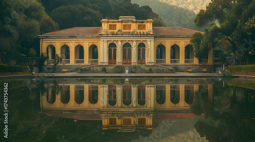 A large building with a lot of windows is reflected in the water