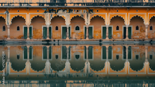 A large building with a lot of windows is reflected in the water