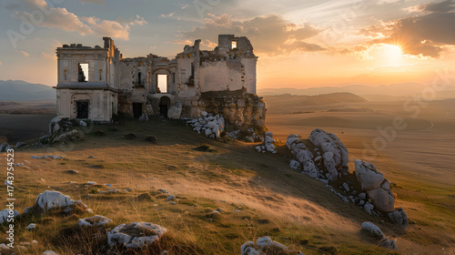 A large, abandoned building sits on a hillside overlooking a vast, empty field