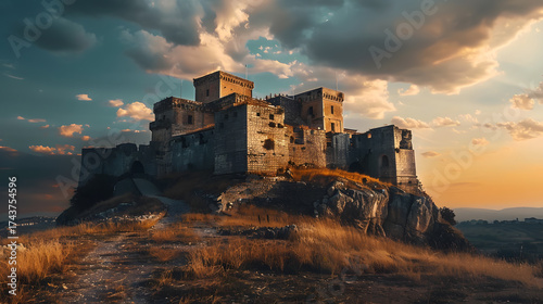 A large, abandoned building sits on a hillside overlooking a vast, empty field