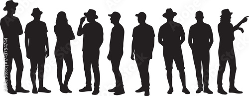 Black silhouettes of diverse people standing in a line wearing hats and casual clothing group
