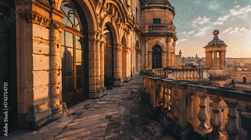 A city view with a sunset in the background