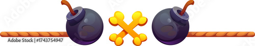 Cartoon marine and nautical divider, pirate and corsair border frame, piracy decoration featuring two black cannon balls, gold crossbones and ropes. Isolated vector maritime rover decorative element