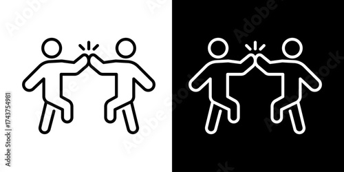 Minimalist line icon of two people jumping and giving each other a high five representing teamwork celebration or success shown in black and white versions