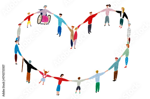 手描きイラスト　ハートの輪になって手をつなぐ男性と女性と子供