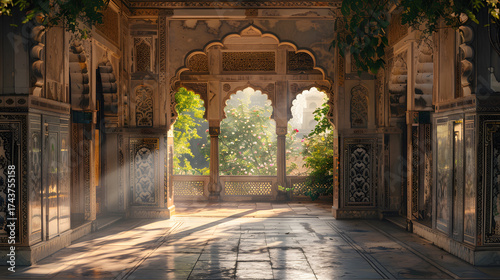A large, empty courtyard with arched windows and a stone floor