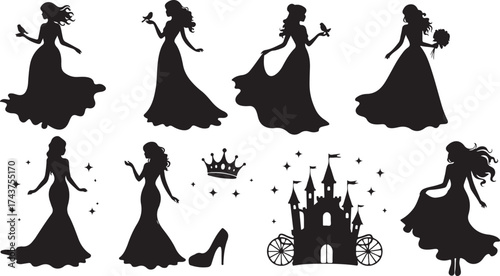 Black silhouettes of princesses castle high heel and crown on white background vector