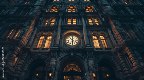 A large clock tower with a black and white photo