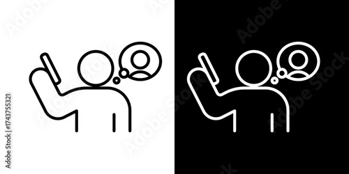 Minimalist line icon of a person taking a selfie with a smartphone showing a thought bubble with another person symbol representing communication social media or virtual connection in black and white