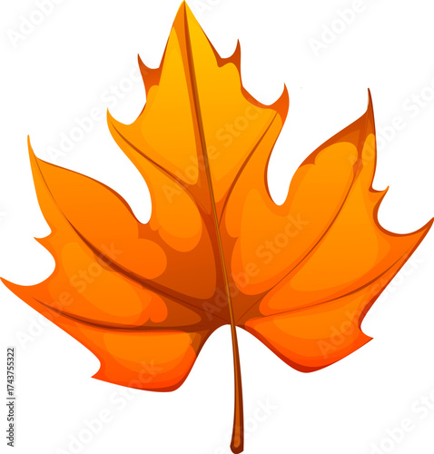 Cartoon autumn maple leaf. Isolated vector fallen foliage with jagged edges, red and orange colors and veins. Bright falling leaf, fall season nature element, symbol of seasonal change or forest flora