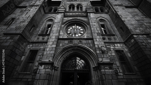 A large clock tower with a black and white photo