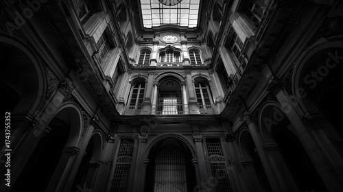 A large clock tower with a black and white photo