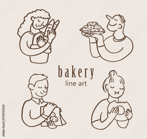 Hand drawn illustrations of the different people with pastry, people enjoying fresh pastry. Bakery set of illustrations. Line art clip art.
