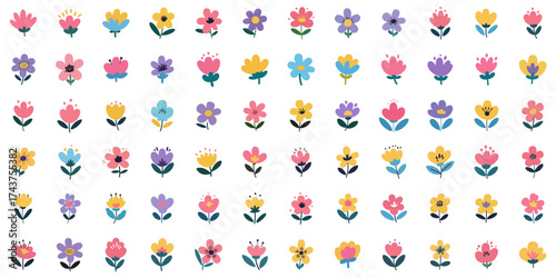 Elegant Flat Floral Illustration Collection with Colorful Blooming Flowers and Leaves