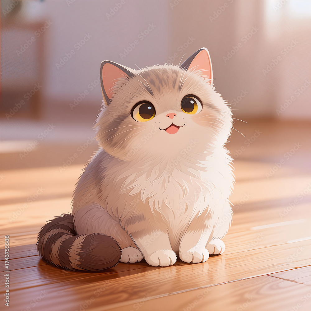 Obraz premium Adorable cartoon-style kitten sitting on a wooden floor, bathed in warm sunlight. A fluffy, wide-eyed cat illustration exuding innocence and charm — perfect for children’s content, pet designs - 8K
