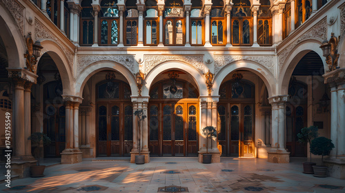 A large room with stained glass windows and wooden doors