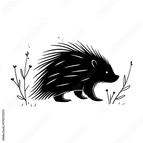 Porcupine. Porcupine simple black and white line art vector logo