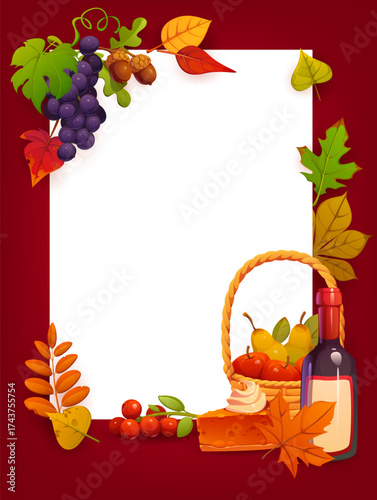 Happy Thanksgiving banner with autumn harvest vector frame of cartoon oak acorn, fall tree leaves, grapes, cranberry and basket filled with fruits, pumpkin pie and wine. Thanksgiving holiday banner