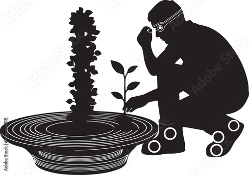 Silhouette of a person in protective gear carefully examining a small plant growing from a futuristic circular planter