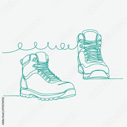 Minimalist Line Drawing of a Pair of Hiking Boots with Laces, Depicting Outdoor Footwear in a Continuous Line Style