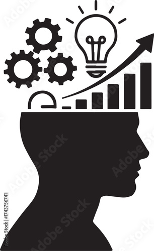 Open Head with Gears, Light Bulb, and Growth Symbols