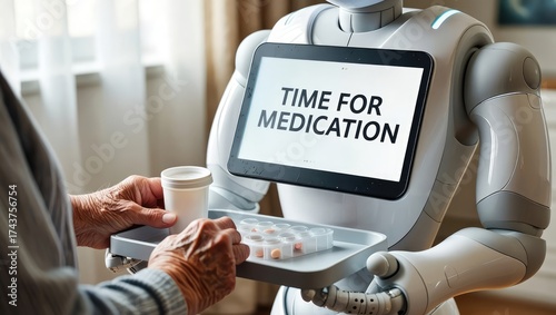 A humanoid robot assists an elderly person, holding a tablet that displays “Time for medication.” The scene shows AI in healthcare and elderly care. Generative AI.